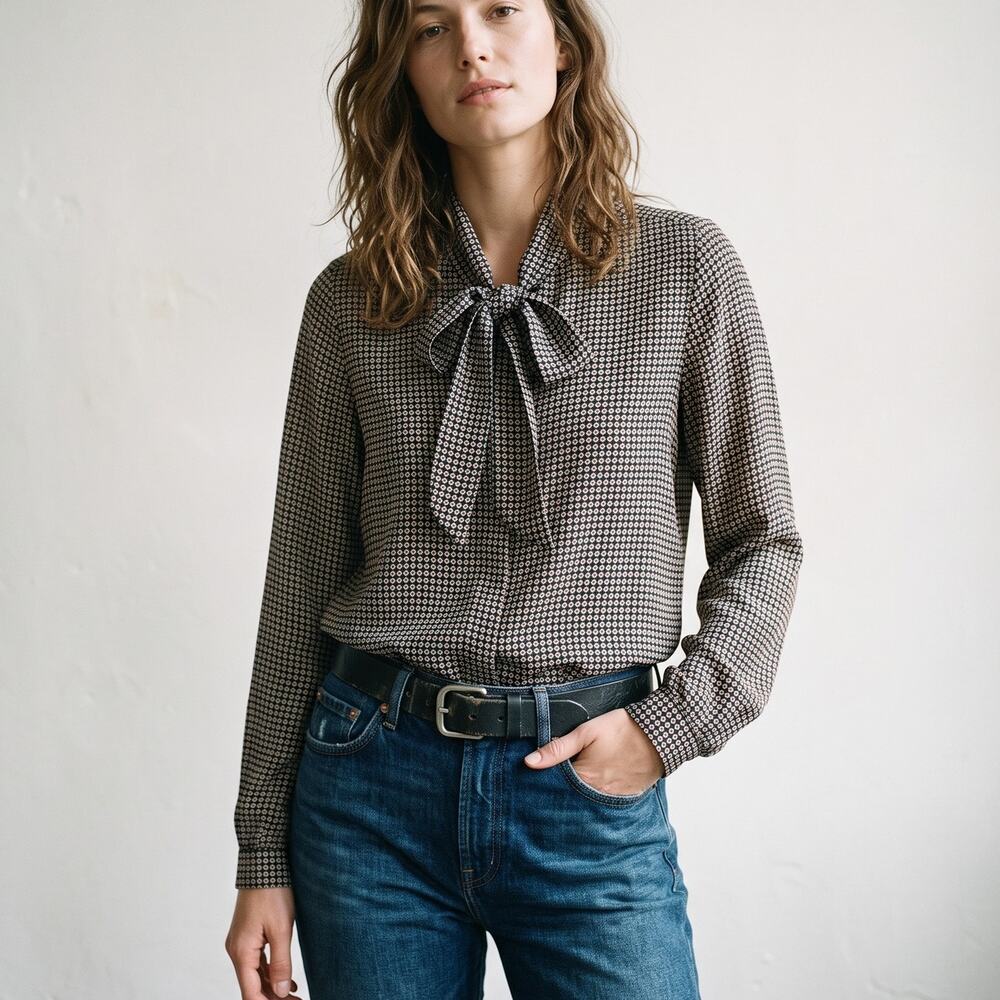 Rag & Bone Women's Tie Neck Blouse silk blend mini print sz Small